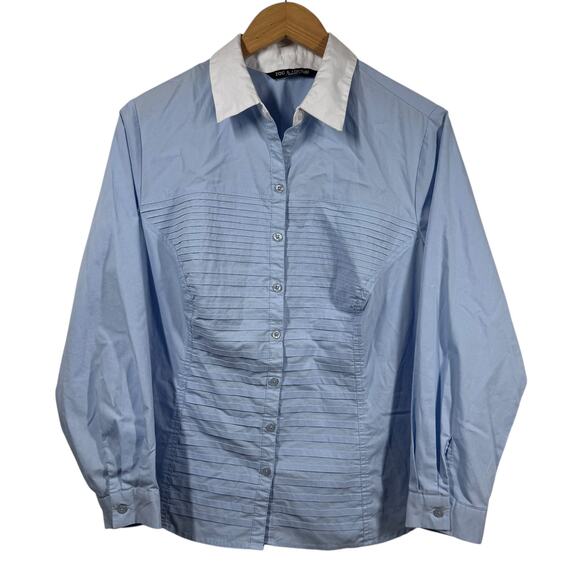 Zac & Rachel Top Women 1X Plus Size Blue Button Up Pleated Collar Blouse Career - Picture 1 of 6